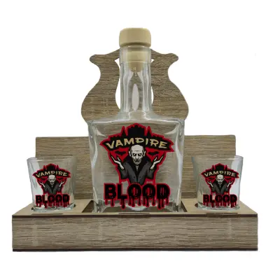 Vampire blood, suport din lemn cu sticla si 2 pahare, model hgs055